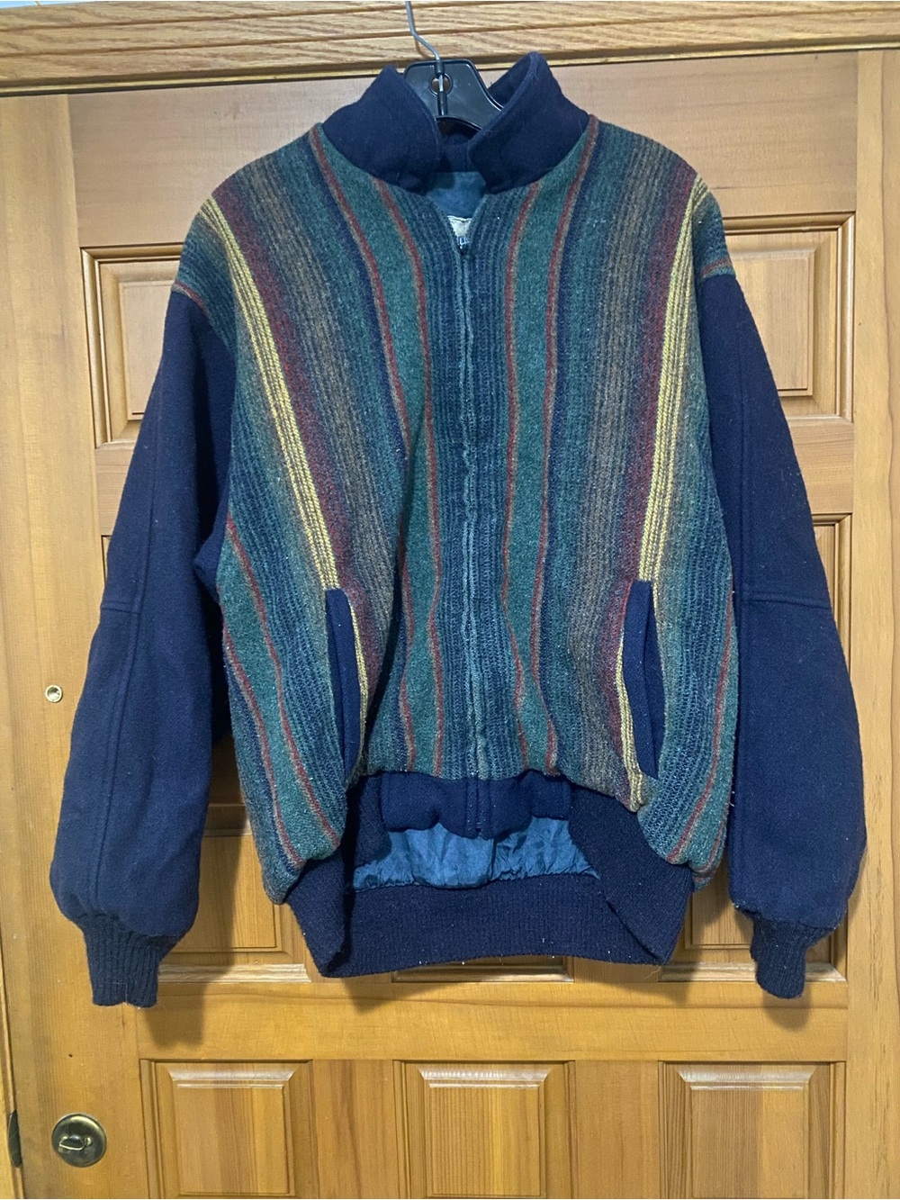 Men's Multicolor Striped Wool Blend Bomber jacket- Navy
